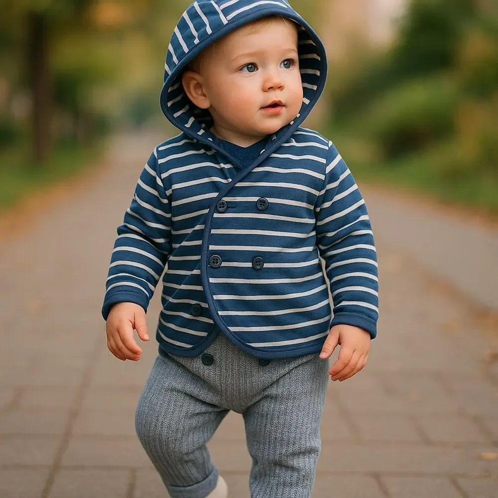 Little Shrimp Boys Jacket Size 18-24 Mo Blue Navy Gray Striped Wrap Style Hoodie